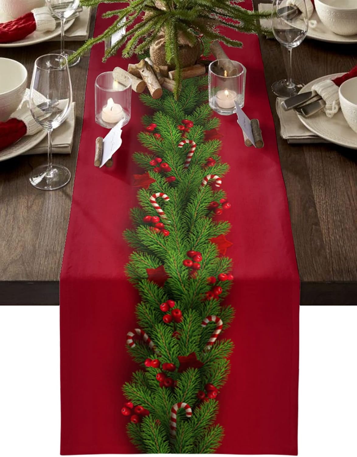 Christmas Table Runners 108 inches Long, Xmas Trees Red Cotton Linens — free download