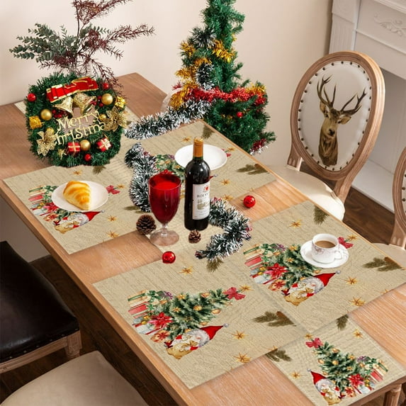 Christmas Table Set, Polyester Placemats and Table Runner with Holiday Patterns for Dining and Party Decor(C)