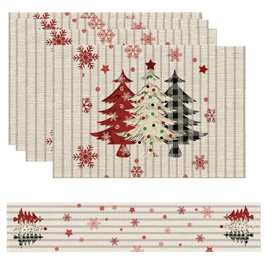 Christmas Table Setting Set Placemats and Runner Combo Linen Print Dining Decor Holiday Party Decoration Festive Patterns Complete Table Decor Kit Seasonal Home Accent
