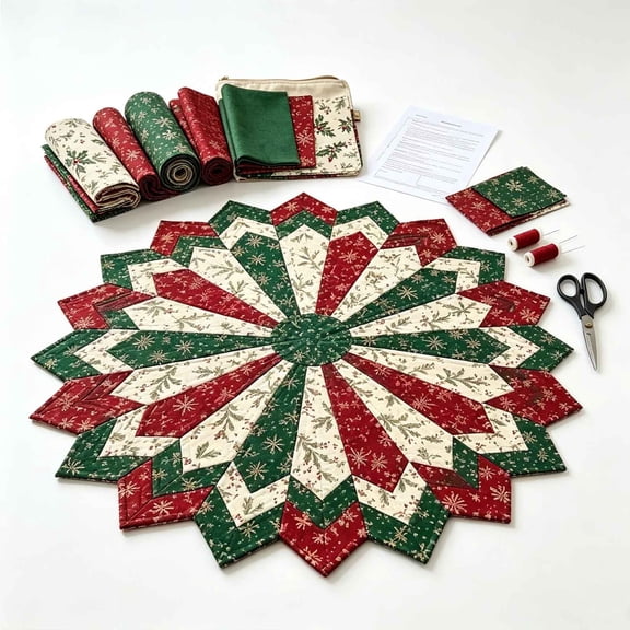 Christmas Table Topper Quilt Kit with Precut Fabric - 3 Festive Star Designs in Red Green and White, Cotton Patchwork Sewing Set for Dining Table Centerpiece, DIY Craft Gift