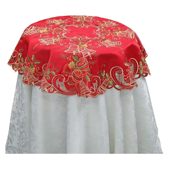 Christmas Tablecloth 33 Inch Round, Embroidered Holiday Table Topper, Red Winter Ornament Pinecone Design, Festive Dinner Decor