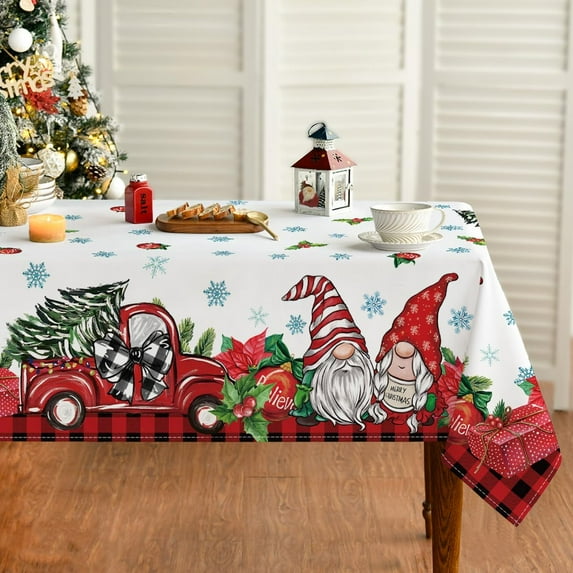 Christmas Tablecloth 52×70 Inch Rectangular, Gnome Truck Gifts Red Buffalo Plaid Washable Seasonal Table Cover for Party Picnic Dinner Decor