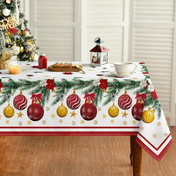 Christmas Tablecloth 60×102 Inch Rectangular, Christmas Ball Ornaments Pine Stars Washable Table Cover for Party Picnic Dinner Decor