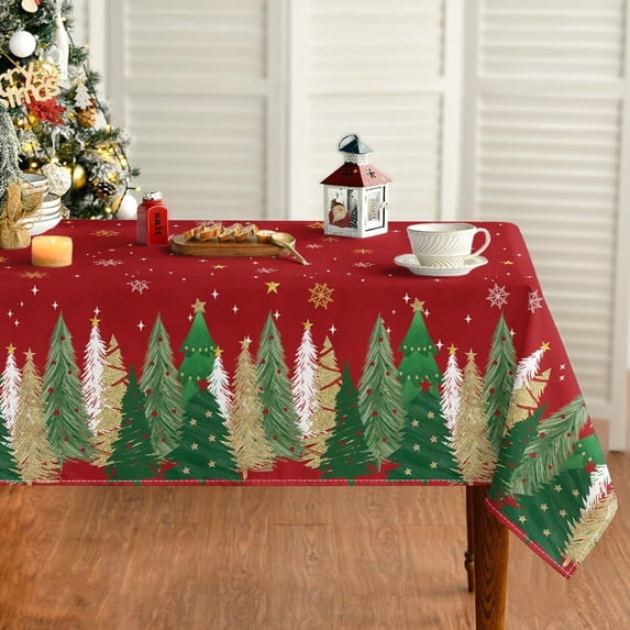 Christmas Tablecloth 60×104 Inch Rectangular, Christmas Trees Red Washable Table Cover for Party Picnic Dinner Decor