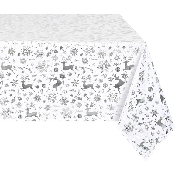 Christmas Tablecloth 60×104 Inch, Silver Snowflake Christmas Table Cloth for Winter, Elk Christmas Tablecloths, Waterproof Xmas Table Cover for Table, Kitchen, Dining, Holiday, Rectangle