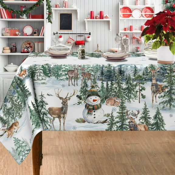 Christmas Tablecloth 60×120 Inch, Christmas Decorations Snowmen Table Cloth for Rectangle, Winter Decor Snowmen and Deers Tablecloths Polyester Vintage for Kitchen Picnic Party Dinner Xmas