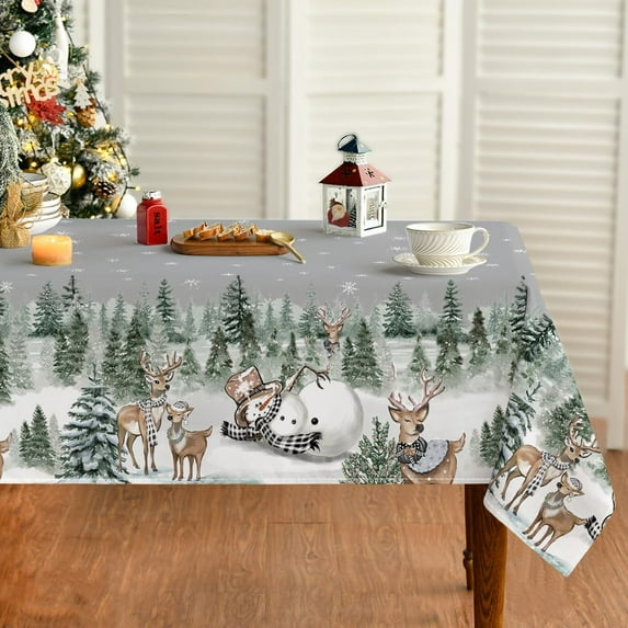 Christmas Tablecloth 60×120 Inch Rectangular, Deers Snowman Trees Grey Washable Table Cover for Party Picnic Dinner Decor