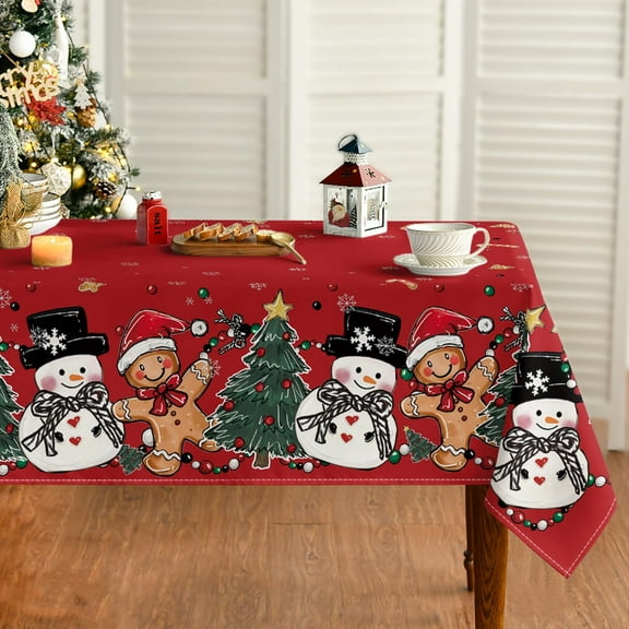 Christmas Tablecloth 60×120 Inch Rectangular, Gingerbread Man Tree Snowman Red Washable Table Cover for Party Picnic Dinner Decor