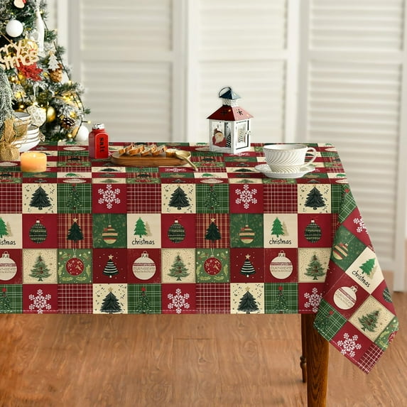Christmas Tablecloth 60×120 Inch Rectangular, Green Tree Snow Red Washable Table Cover for Party Picnic Dinner Decor