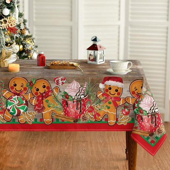 Christmas Tablecloth 60×120 Inch Rectangular, Wood Gingerbread Man Cute Christmas Bear Ball Ornaments Washable Table Cover for Party Picnic Dinner Decor