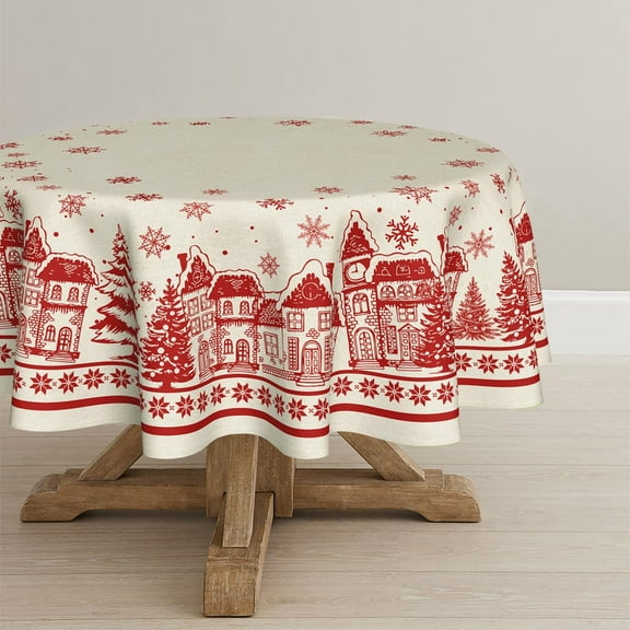 Christmas Tablecloth 60×60 Inch Round, Beige Snow House Pine Trees Washable Table Cover for Party Picnic Dinner Decor