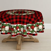 Christmas Tablecloth 60×60 Inch Round, Christmas Ball Ornaments Red Bufalo Plaid Washable Table Cover for Party Picnic Dinner Decor