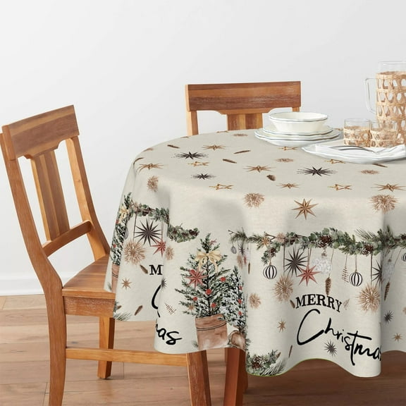 Christmas Tablecloth 60×60 Inch Round, Christmas Trees Ball Ornaments Washable Table Cover for Party Picnic Dinner Decor