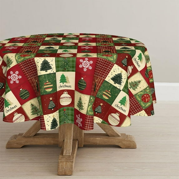 Christmas Tablecloth 60×60 Inch Round, Green Tree Snow Red Washable Table Cover for Party Picnic Dinner Decor