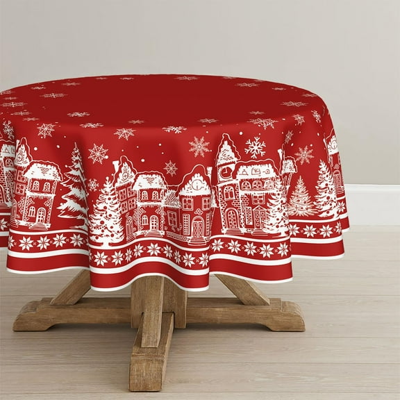 Christmas Tablecloth 60×60 Inch Round, Red Snow House Pine Trees Washable Table Cover for Party Picnic Dinner Decor