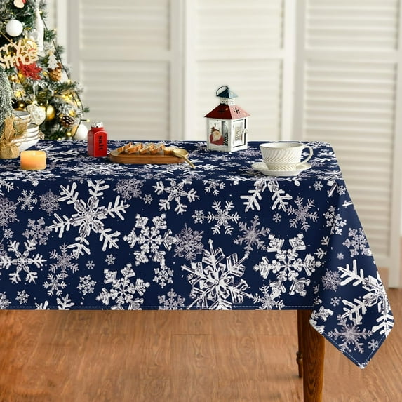 Christmas Tablecloth 60×60 Inch Square, Blue Snow Washable Table Cover for Party Picnic Dinner Decor