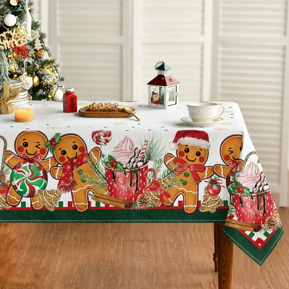 Christmas Tablecloth 60×60 Inch Square, Green Gingerbread Man Cute Christmas Bear Ball Ornaments Washable Table Cover for Party Picnic Dinner Decor