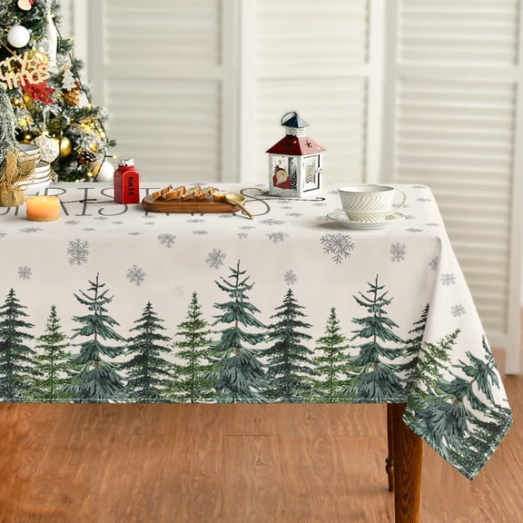 Christmas Tablecloth 60×60 Inch Square, Winter Snow Trees White Washable Table Cover for Party Picnic Dinner Decor