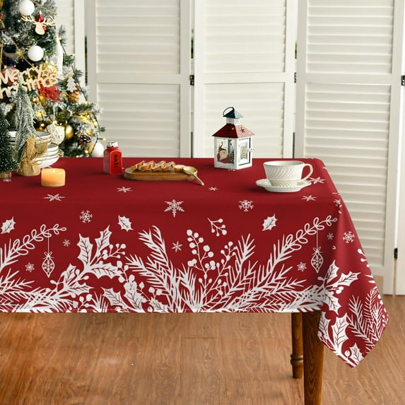 Christmas Tablecloth 60×84 Inch, Floral Leaf Red Washable Table Cover for Party Picnic Dinner Decor