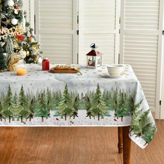 Christmas Tablecloth 60×84 Inch, Golden Snow Trees Washable Table Cover for Party Picnic Dinner Decor