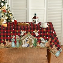 Christmas Tablecloth 60×84 Inch, Holy Nativity Red Buffalo Plaid Washable Table Cover for Party Picnic Dinner Decor