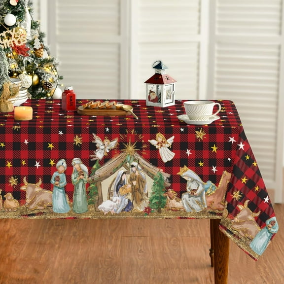 Christmas Tablecloth 60×84 Inch, Holy Nativity Red Buffalo Plaid Washable Table Cover for Party Picnic Dinner Decor