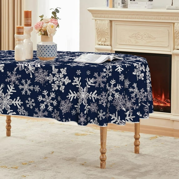 Christmas Tablecloth 60×84 Inch Oval, Blue Snow Washable Table Cover for Party Picnic Dinner Decor