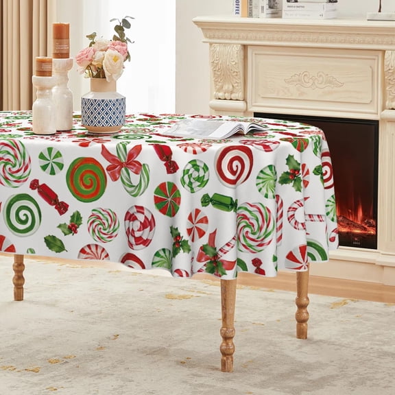 Christmas Tablecloth 60×84 Inch Oval, Candy Cane Lollipop Washable Table Cover for Party Picnic Dinner Decor