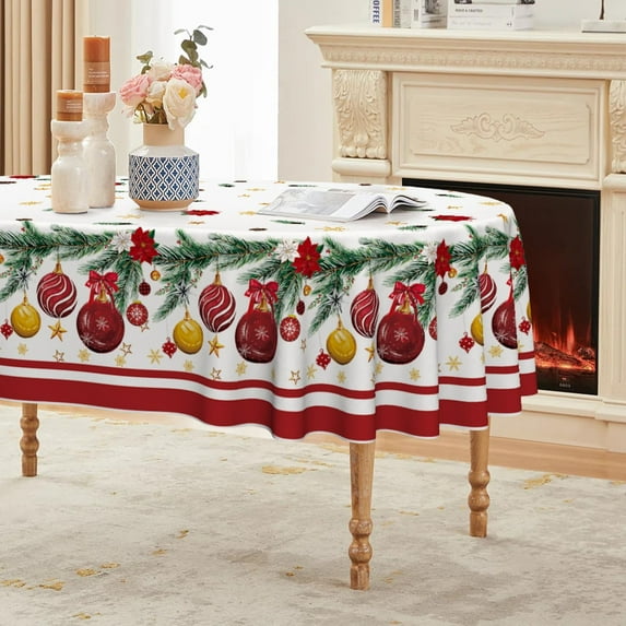 Christmas Tablecloth 60×84 Inch Oval, Christmas Ball Ornaments Pine Stars Washable Table Cover for Party Picnic Dinner Decor