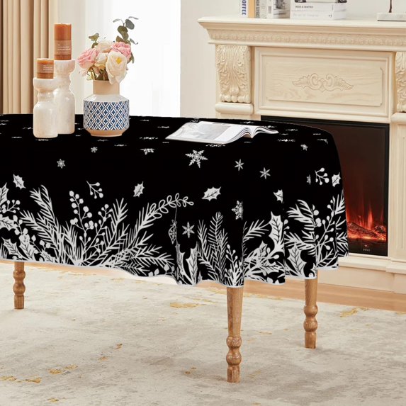 Christmas Tablecloth 60×84 Inch Oval, Floral Leaf Black Washable Table Cover for Party Picnic Dinner Decor