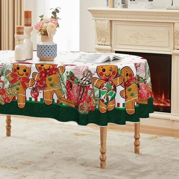 Christmas Tablecloth 60×84 Inch Oval, Green Gingerbread Man Cute Christmas Bear Ball Ornaments Washable Table Cover for Party Picnic Dinner Decor