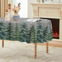 Christmas Tablecloth 60×84 Inch Oval, Winter Snow Trees Grey Washable Table Cover for Party Picnic Dinner Decor