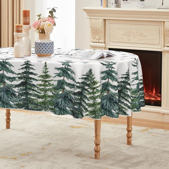Christmas Tablecloth 60×84 Inch Oval, Winter Snow Trees White Washable Table Cover for Party Picnic Dinner Decor