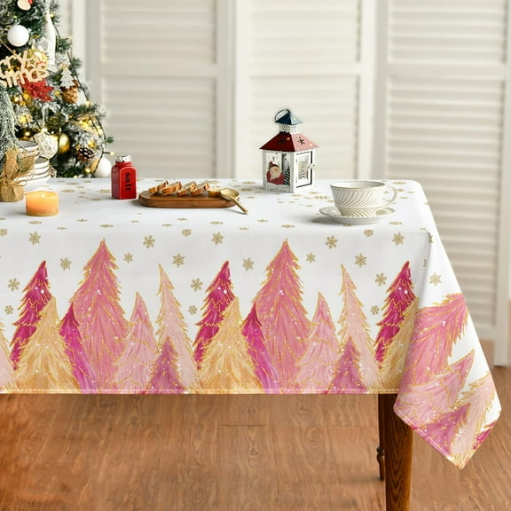 Christmas Tablecloth 60×84 Inch, Pink Trees Golden Snow Washable Table Cover for Party Picnic Dinner Decor