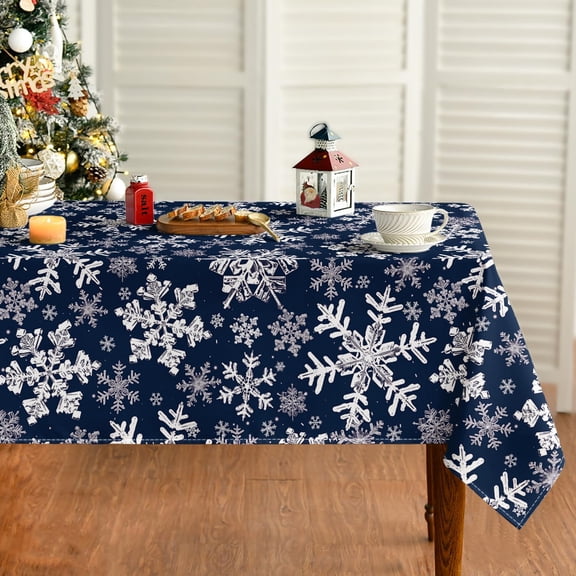 Christmas Tablecloth 60×84 Inch Rectangular, Blue Snow Washable Table Cover for Party Picnic Dinner Decor