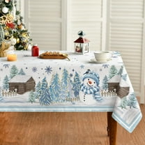 Christmas Tablecloth 60×84 Inch Rectangular, Blue Snowman Pine Snow Washable Table Cover for Party Picnic Dinner Decor