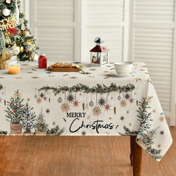 Christmas Tablecloth 60×84 Inch Rectangular, Christmas Trees Ball Ornaments Washable Table Cover for Party Picnic Dinner Decor