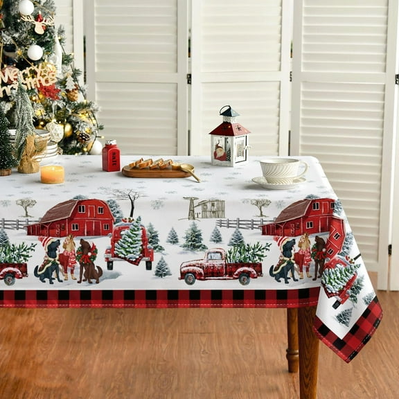 Christmas Tablecloth 60×84 Inch Rectangular, Dogs Truck Farm Snow Washable Table Cover for Party Picnic Dinner Decor