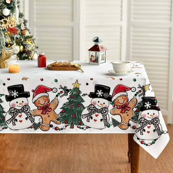 Christmas Tablecloth 60×84 Inch Rectangular, Gingerbread Man Tree Snowman White Washable Table Cover for Party Picnic Dinner Decor