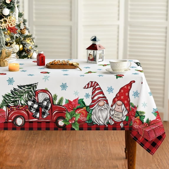 Christmas Tablecloth 60×84 Inch Rectangular, Gnome Truck Gifts Washable Table Cover for Party Picnic Dinner Decor