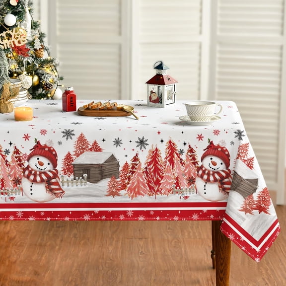 Christmas Tablecloth 60×84 Inch Rectangular, Red Snowman Pine Snow Washable Table Cover for Party Picnic Dinner Decor