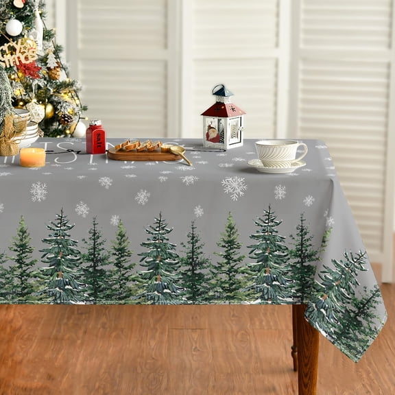 Christmas Tablecloth 60×84 Inch Rectangular, Winter Snow Trees Grey Washable Table Cover for Party Picnic Dinner Decor