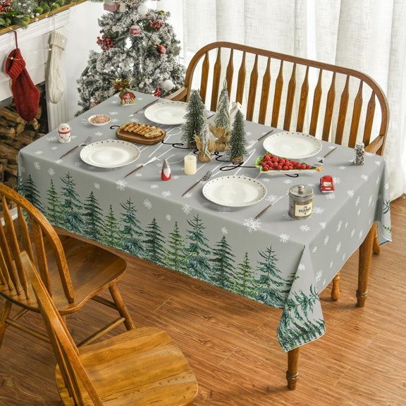 Christmas Tablecloth 60×84 Inch Rectangular, Winter Snow Trees Grey Washable Table Cover for Party Picnic Dinner Decor