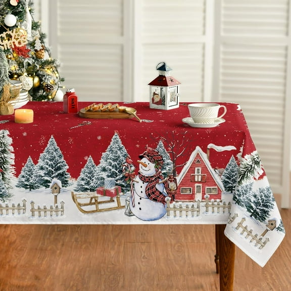 Christmas Tablecloth 60×84 Inch Rectangular, Winter Snowman House Christmas Trees Blue Washable Table Cover for Party Picnic Dinner Decor