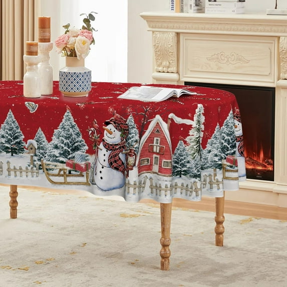 Christmas Tablecloth 60×84 Inch Rectangular, Winter Snowman House Christmas Trees Blue Washable Table Cover for Party Picnic Dinner Decor