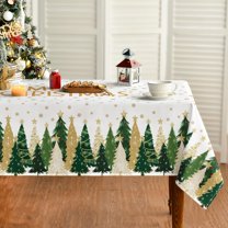 Christmas Tablecloth 60×84 Inch Rectangular, Winter Stars Trees White Washable Seasonal Table Cover for Party Picnic Dinner Decor