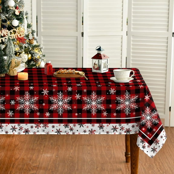 Christmas Tablecloth 60×84 Inch, Red Buffalo Plaid Snow Washable Table Cover for Party Picnic Dinner Decor