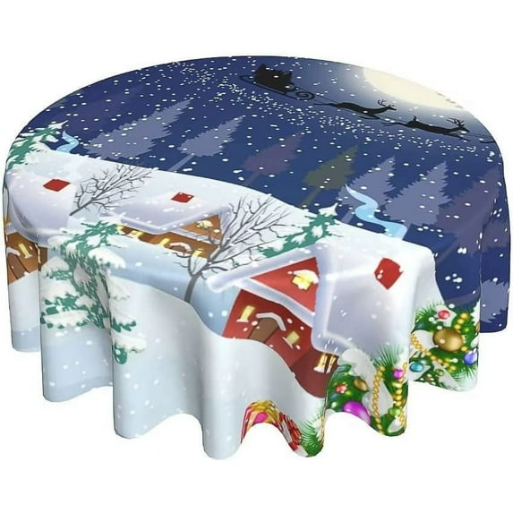 Christmas Tablecloth 60 Inch Round Blue Tablecloth Winter Snowman Xmas Tree Santa Stars Snow Table Cloth Dust-Proof Wrinkle Resistant Rustic Tablecloth for Holiday Party Dining
