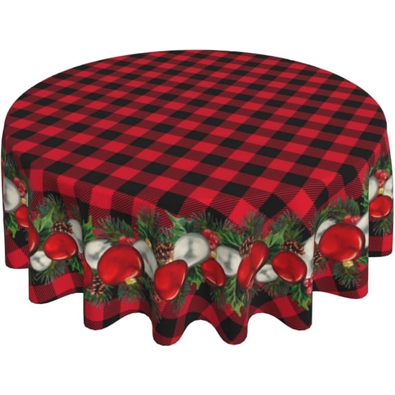 Christmas Tablecloth 60 Inch Round Red Buffalo Plaid Tablecloth Waterproof Polyester Holiday Holly Pine Cones Christmas Balls Decorative Table Cloth for Kitchen Dining Room Outdoor Patio Party
