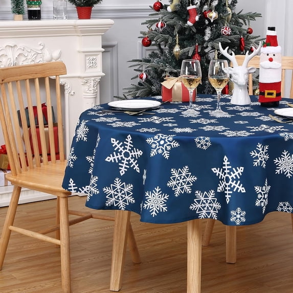 Christmas Tablecloth 60 Inch, Round Table Cloth Outdoor Winter Christmas Decorations Table Decor Dining Table Cover, Farmhouse Xmas Blue Snowflake for Banquet Party Kitchen Dining Room